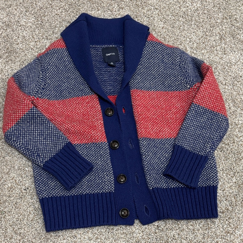 GAP Navy Blue and Red Striped Shawl Collar Sweater